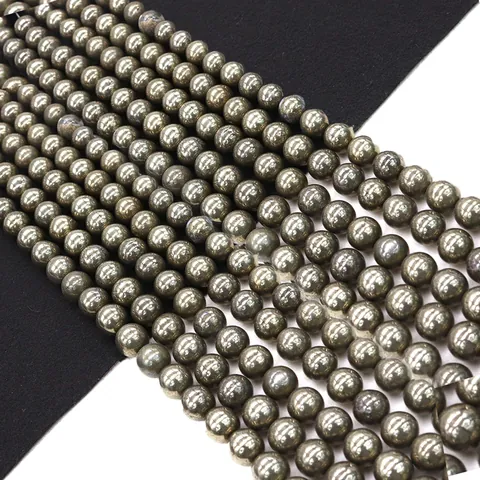 Natural Chalcopyrite Pyrite Stone Round Loose Beads Polished Straight Hole Brass Color For DIY Jewelry Making Necklace