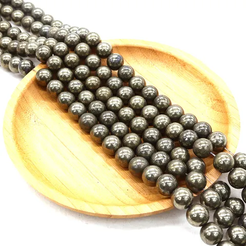 Natural Chalcopyrite Pyrite Stone Round Loose Beads Polished Straight Hole Brass Color For DIY Jewelry Making Necklace