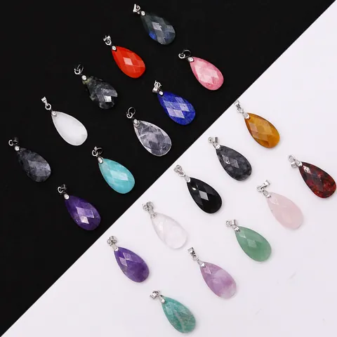 Faceted Teardrop Natural Stone Pendant With Copper Bail For Jewelry Making Malachite Amethyst Turquoise Quartz Charms