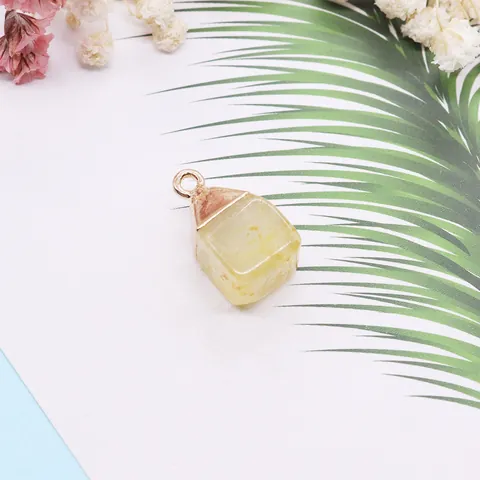 Natural Raw Crystal Stone Cube Pendant Only Without Chain Gold Plated Edge Edged DIY Jewelry Making Necklace Charm Accessory