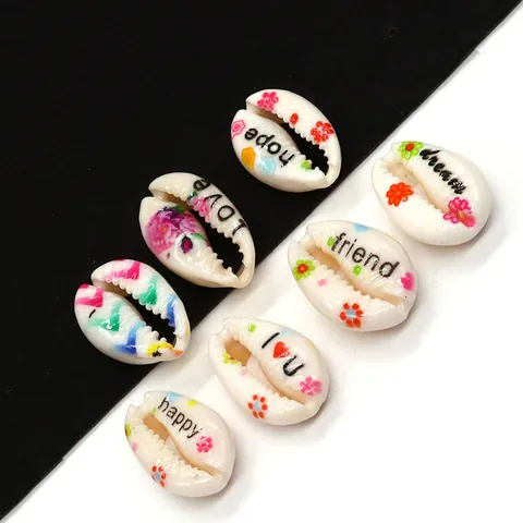 Natural Cowrie Shell Beads With Floral Print English Words Hope Love Heart Pattern For DIY Jewelry Making Accessories