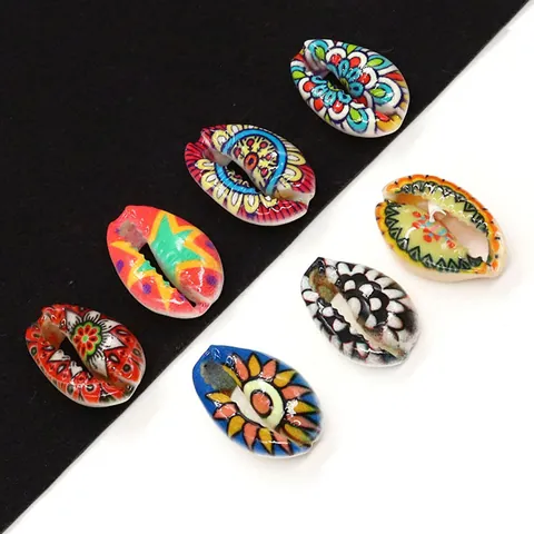 Natural Cowrie Shell Beads Painted Bohemian Ethnic Style Mandala Pattern Painted Shell Charms For DIY Jewelry Making Accessories