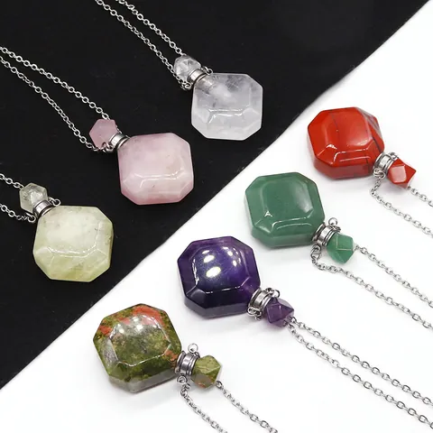 Natural Stone Hexagon Perfume Bottle Pendant Necklace Stainless Steel Chain Essential Oil Diffuser Fashion Jewelry Women Men