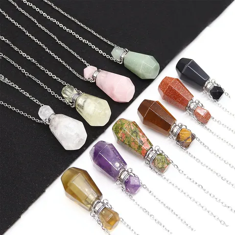Natural Stone Perfume Bottle Pendant Necklace Stainless Steel Chain Amethyst Rose Quartz Essential Oil Diffuser Octagon Geometric Jewelry For Unisex