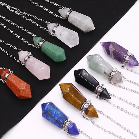 Natural Stone Hexagonal Column Perfume Bottle Pendant Necklace Stainless Steel Chain Essential Oil Bottle Jewelry For Women
