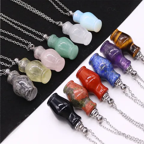 Natural Stone Crystal Perfume Bottle Pendant Necklace For Women Stainless Steel Essential Oil Dispenser Vase Shape Jewelry Accessory