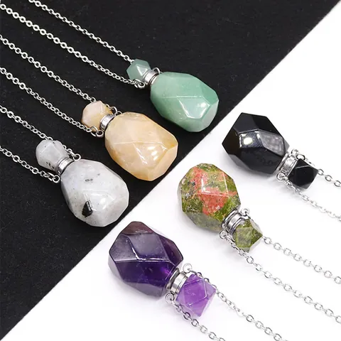 Naturstein Ätherisches Öl Flasche Anhänger Halskette Edelstahl Kette Geometrische Parfümflasche Aromatherapie Schmuck Für Damen Herren