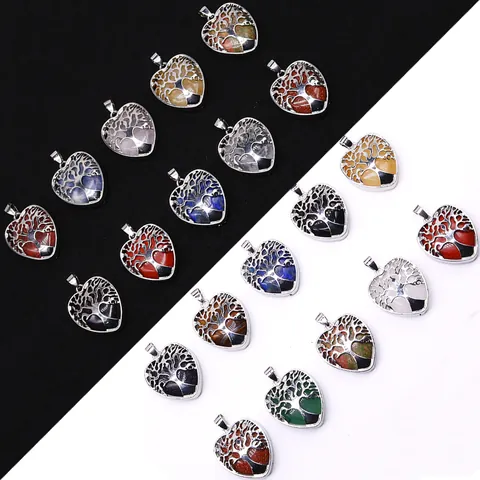 Tree Of Life Heart Pendant Natural Stone Crystal Agate Alloy Hollow Charms For DIY Jewelry Making Pendant Only Without Chain