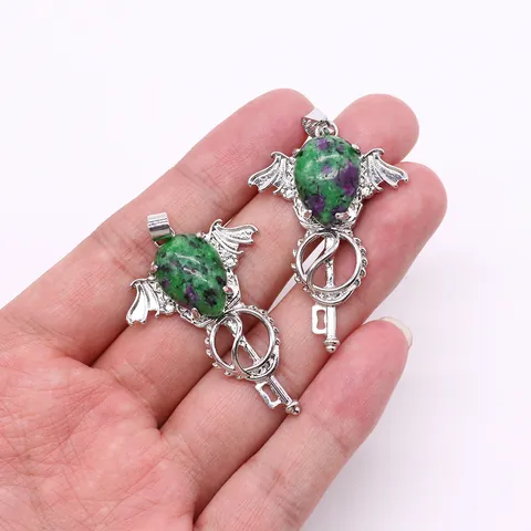 Natural Stone Angel Wing Scepter Pendant For Necklace Making DIY Jewelry Copper Electroplated Vintage Gothic Water Drop Gemstone Accessories