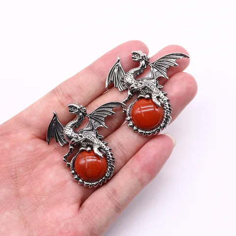 Vintage Viking Dragon Pendant With Natural Stone Sphere Retro Electroplated Copper Dragon Charm For DIY Jewelry Making Necklace Making