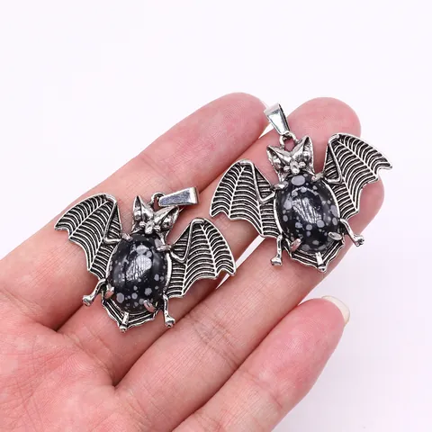 Natural Stone Bat Pendant Only Without Chain Electroplated Alloy Gothic Halloween DIY Jewelry Making Accessory Gift
