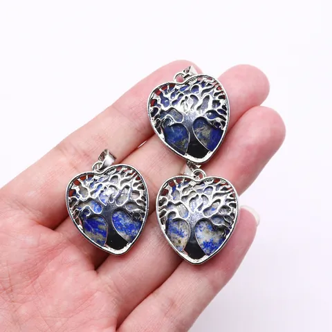 Tree Of Life Heart Pendant Natural Stone Crystal Agate Alloy Hollow Charms For DIY Jewelry Making Pendant Only Without Chain