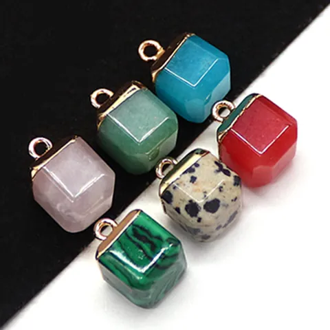 Natural Stone Square Cube Pendant Only Without Chain Gold Plated Copper For DIY Jewelry Making Necklace Accessories
