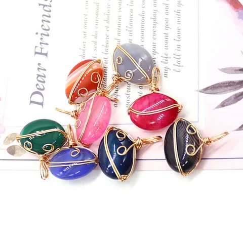Natural Agate Stone Oval Wire Wrapped Pendant Only Without Chain Retro Ethnic Striped Agate Gemstone DIY Jewelry Making Accessory