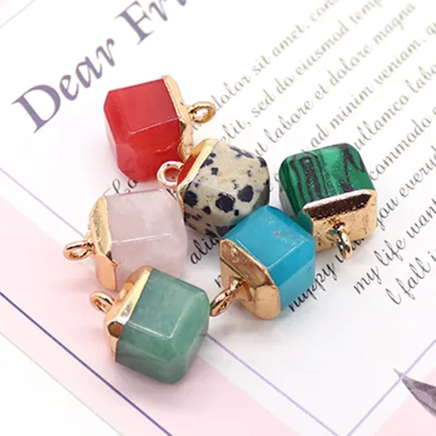 Natural Stone Square Cube Pendant Only Without Chain Gold Plated Copper For DIY Jewelry Making Necklace Accessories