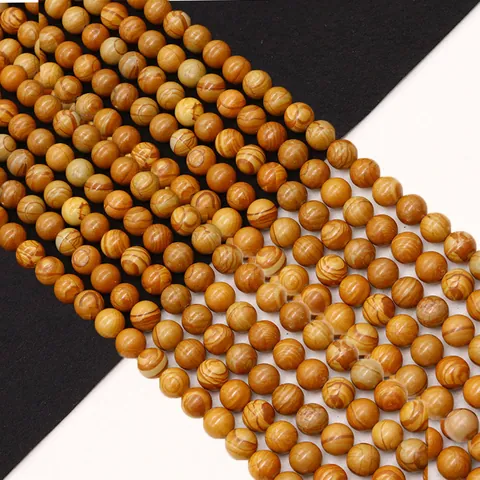Natural Wood Grain Stone Round Loose Beads Yellow Polished Stone Beads For DIY Necklace Bracelet Jewelry Making Findings