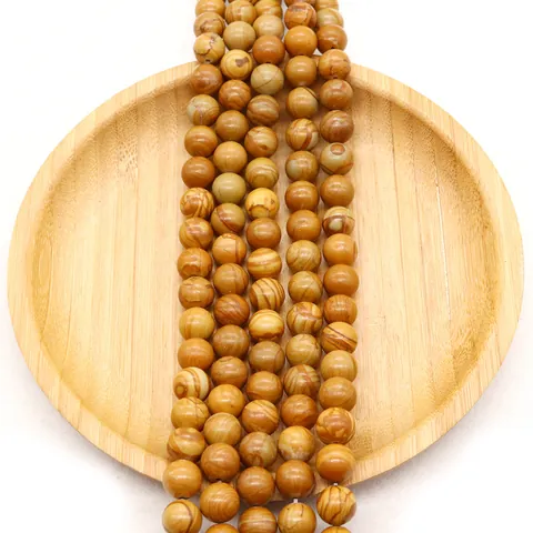 Natural Wood Grain Stone Round Loose Beads Yellow Polished Stone Beads For DIY Necklace Bracelet Jewelry Making Findings