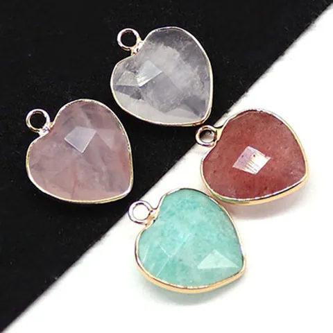 Ciondolo a Forma di Cuore in Pietra Naturale Sfaccettato Quarzo Rosa Quarzo Fragola Amazonite Bordo in Rame Placcato Oro Solo Ciondolo per Creazione Gioielli Fai da Te