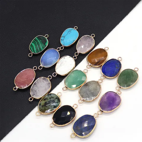 Natural Stone Oval Faceted Connector Pendant With Gold Plated Copper Edge For DIY Jewelry Making Necklace Bracelet Accessory