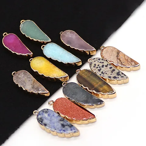Natural Stone Wing Pendants Gold Plated Copper Edging Feather Shape Pendant Only Without Chain For DIY Necklace Jewelry Making