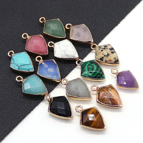 Natural Stone Faceted Shield Shaped Pendants With Gold Electroplated Copper Bezel For Jewelry Making DIY Necklace Amethyst Rose Quartz Tiger Eye Charms