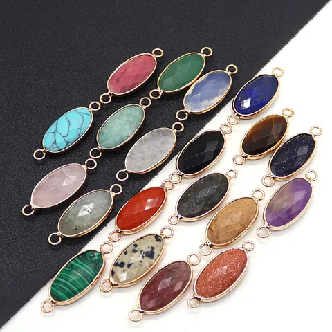 Natuursteen Gefacetteerde Ovale Dubbele Gat Connector Hanger Voor DIY Sieraden Maken Verguld Koperen Frame Gefacetteerde Kristallen Kralen Voor Ketting Armband