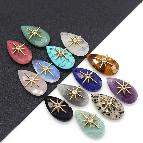 Natural Stone Teardrop Pendant With Gold Plated Copper Eight Pointed Star Inlay Zirconia Charm For DIY Jewelry Making Jewelry Accessory