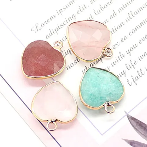 Ciondolo a Forma di Cuore in Pietra Naturale Sfaccettato Quarzo Rosa Quarzo Fragola Amazonite Bordo in Rame Placcato Oro Solo Ciondolo per Creazione Gioielli Fai da Te