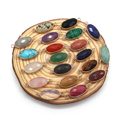 Natuursteen Gefacetteerde Ovale Dubbele Gat Connector Hanger Voor DIY Sieraden Maken Verguld Koperen Frame Gefacetteerde Kristallen Kralen Voor Ketting Armband