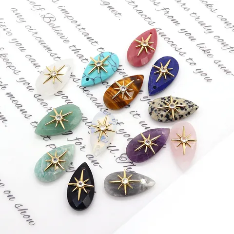 Natural Stone Teardrop Pendant With Gold Plated Copper Eight Pointed Star Inlay Zirconia Charm For DIY Jewelry Making Jewelry Accessory