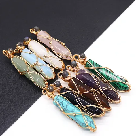 Bohemian Natural Stone Hexagonal Column Pendant Handmade Gold Copper Wire Wrapped Bullet Shape Pendant Only For DIY Jewelry Making