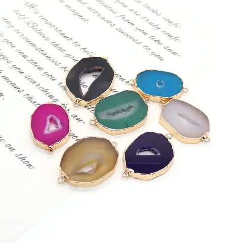 Onregelmatige Natuurlijke Agaat Geode Schijf Hanger Connector Met Vergulde Rand Dubbele Ringen Voor DIY Ketting Armband Sieraden Maken