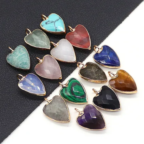 Heart Shaped Natural Stone Pendant Gold Plated Edge Heart Charm For DIY Necklace Jewelry Making Pendant Only Without Chain