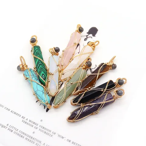 Bohemian Natural Stone Hexagonal Column Pendant Handmade Gold Copper Wire Wrapped Bullet Shape Pendant Only For DIY Jewelry Making
