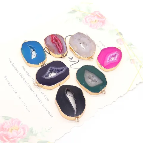 Natural Agate Druzy Slice Pendant Gold Plated Copper Edge Irregular Stone For DIY Jewelry Making Pendant Only Without Chain