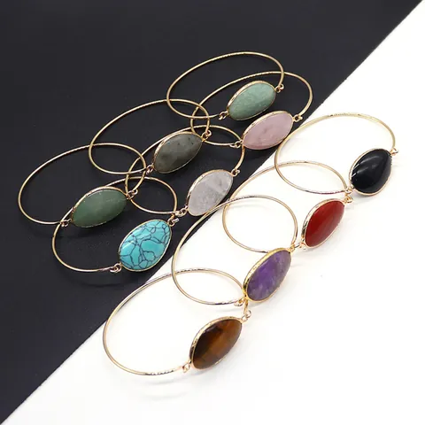 Vintage Gold Plated Natural Stone Open Bangle Bohemian Irregular Oval Gemstone Bracelet For Women Jewelry Party Gift