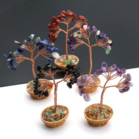 Adorno Hecho a Mano de Árbol de la Vida de Cristal Natural Con Alambre de Cobre y Base de Cesta Para Decoración de Hogar Oficina Escritorio Coche