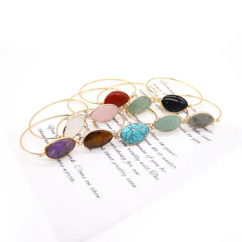 Vintage Gold Plated Natural Stone Open Bangle Bohemian Irregular Oval Gemstone Bracelet For Women Jewelry Party Gift