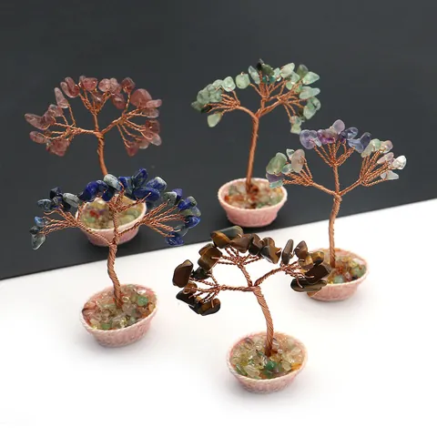 Handmade Natural Stone Crystal Fortune Tree Copper Wire Wrapped Mushroom Base Home Office Desk Decor Healing Crystal Ornament
