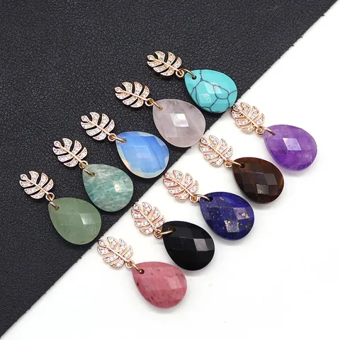 Pendentif en Pierre Naturelle Facetté Forme de Goutte Avec Bélière Feuille Sertie de Zirconium Accessoire Bijoux DIY pour Collier