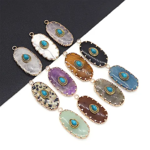 Oval Natural Stone Evil Eye Pendant With Copper Bezel Turquoise Inlay Retro DIY Jewelry Making Accessories Necklace Charm For Women Men