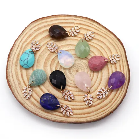 Pendentif en Pierre Naturelle Facetté Forme de Goutte Avec Bélière Feuille Sertie de Zirconium Accessoire Bijoux DIY pour Collier