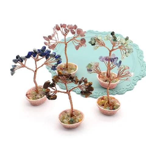 Handmade Natural Stone Crystal Fortune Tree Copper Wire Wrapped Mushroom Base Home Office Desk Decor Healing Crystal Ornament