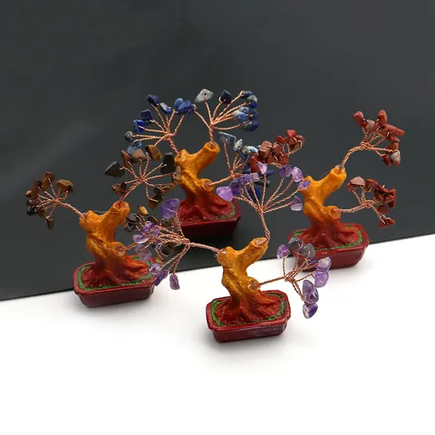 Natural Crystal Fortune Tree Handcrafted Copper Wire Money Tree Resin Pot Wealth Tree Bonsai For Home Office Table Decor