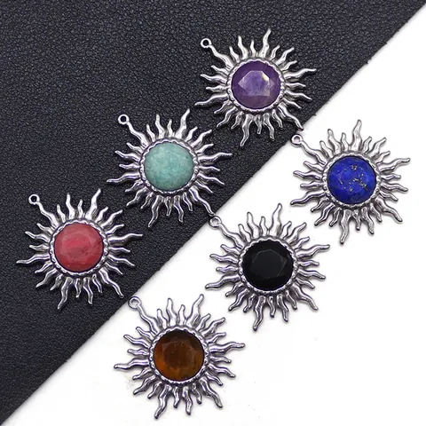 Bohemian Sun Flower Natural Stone Pendant Antique Silver Alloy Inlaid Round Gemstone DIY Jewelry Making Necklace Accessories