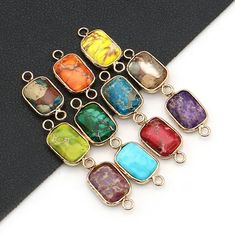 Rectangle Natural Stone Charms Connectors Imperial Stone Copper Gold Plated Double Hole Turquoise Pendants For DIY Bracelet Necklace Jewelry Making