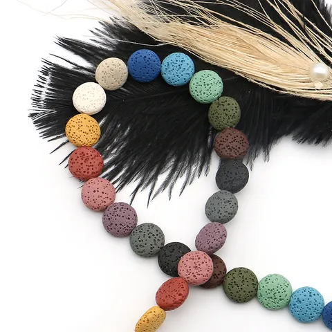Natural Lava Stone Beads Flat Round Coin Shape Dyed Volcanic Rock Loose Beads For DIY Necklace Bracelet Jewelry Making