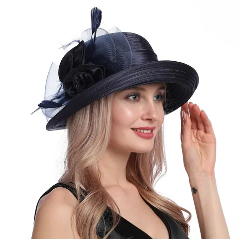 Elegant Organza Wide Brim Sun Hat For Women Mesh Flower Feather Satin Church Kentucky Derby Wedding Party Dress Hat