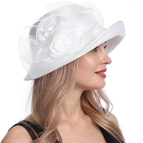 Elegant Organza Wide Brim Sun Hat For Women Mesh Flower Feather Satin Church Kentucky Derby Wedding Party Dress Hat