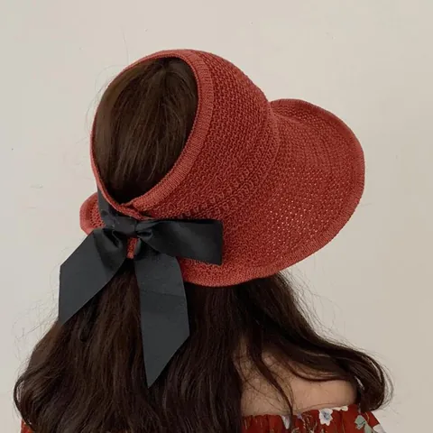 Women's Fashion Foldable Linen Woven Visor Hat with Black Satin Bow Wide Brim Sun Protection Straw Hat For Summer Beach Travel